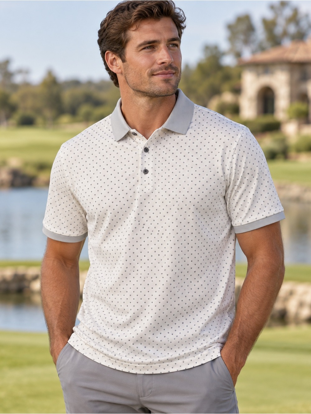 Greyson Golf Polo Men's XXL White Gray Dot Print Performance Stretch Wolf